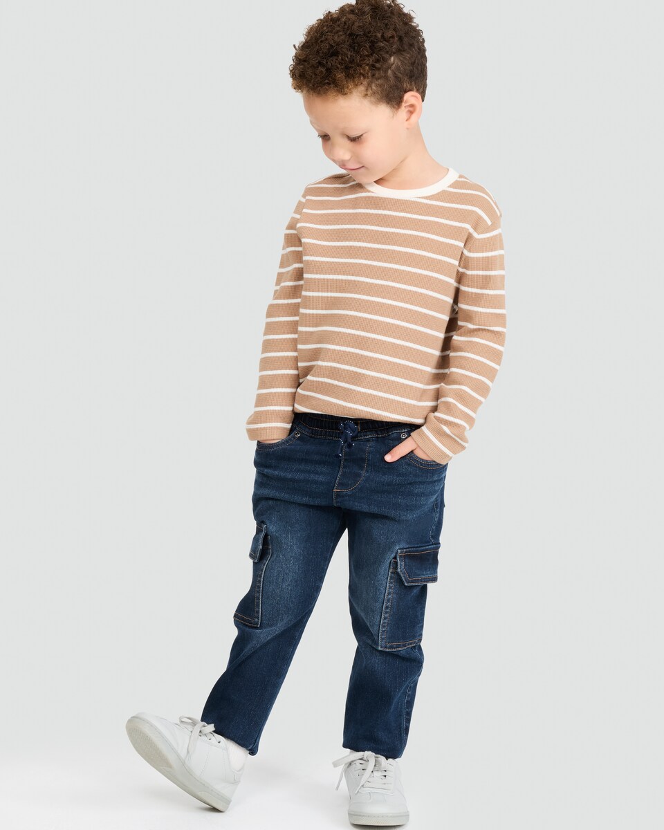 image 1 of F&F Boys Cotton Rich Denim Cuffed Cargo Jeans in Navy