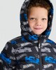image 1 of Hot Wheels Print Padded Hooded Jacket in Black