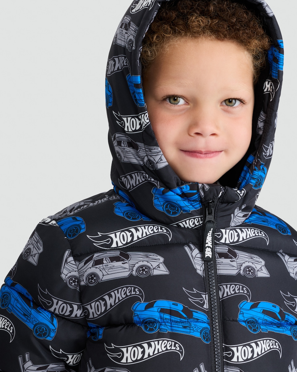 image 1 of Hot Wheels Print Padded Hooded Jacket in Black