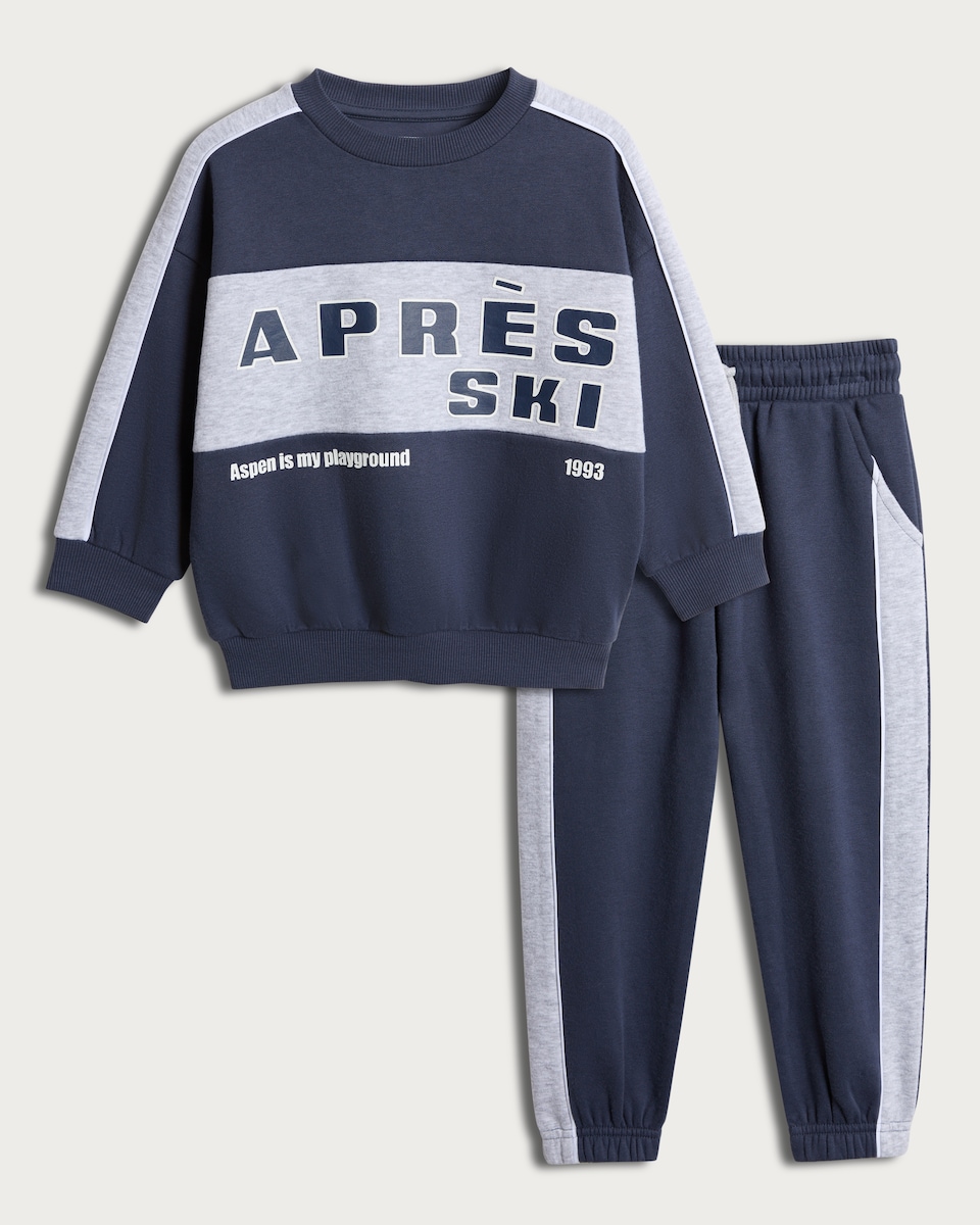 image 1 of F&F Boys 2-Piece Cotton Rich Colour Block Après Ski Sweatshirt and Joggers Set in Navy