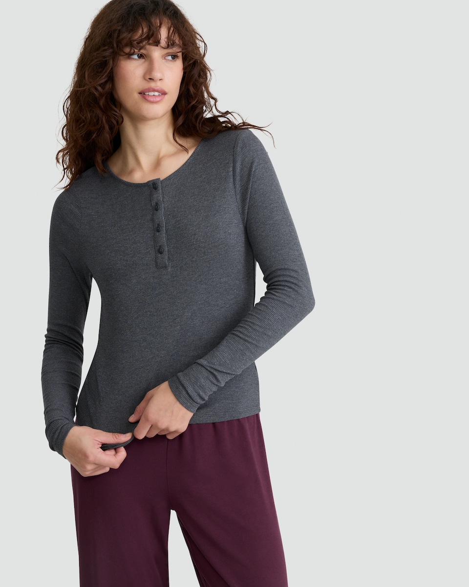 image 1 of F&F Ribbed Long Sleeved Henley Pyjama Top in Grey