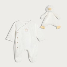 F&F Baby Pure Cotton Duck Print Sleepsuit and Comforter Set in White