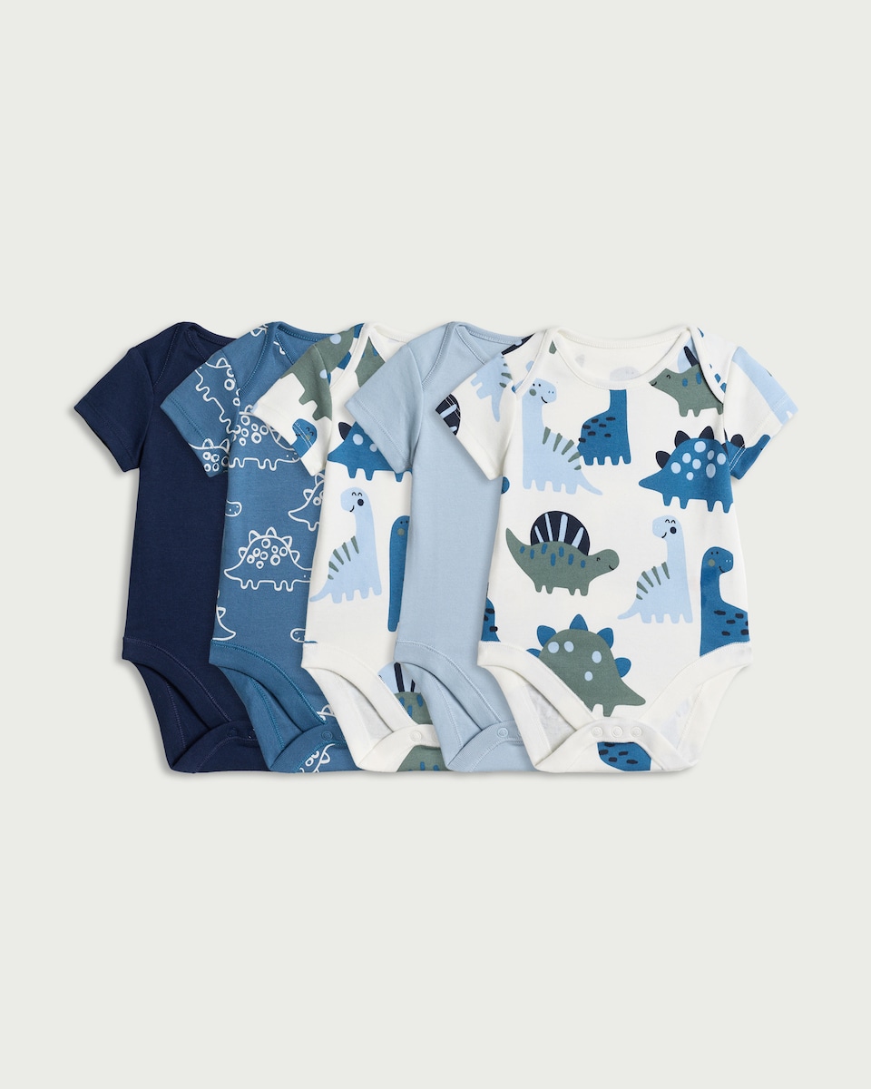 F&F Baby 5-Pack Pure Cotton Dinosaur Print Bodysuits in Blue