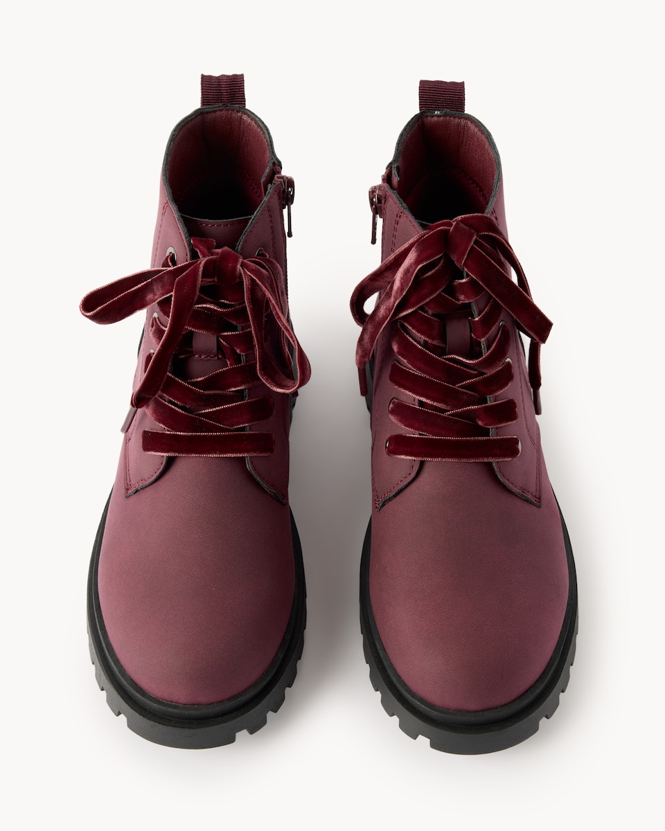 image 1 of F&F Faux Leather Heart Lace Up Ankle Boots in Burgundy