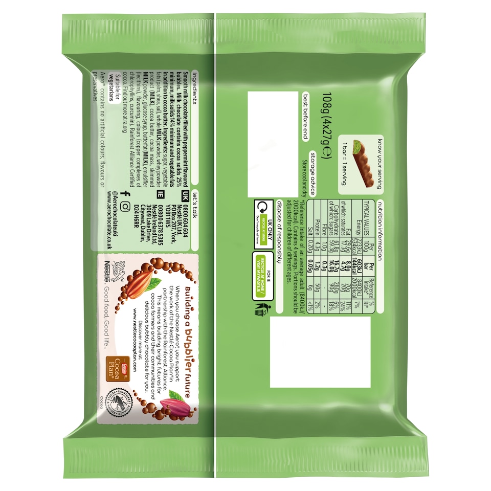 image 1 of Aero Bubbly Peppermint Mint Chocolate Bar Multipack 27g 4 Pack