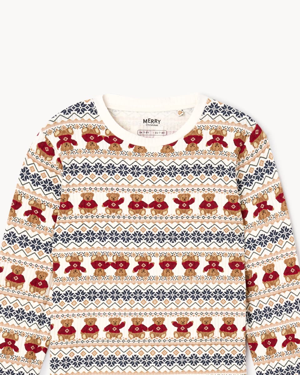 image 1 of Christmas Kids Cotton Rich Bear Fair Isle Matching Family Pyjama Set in Cream