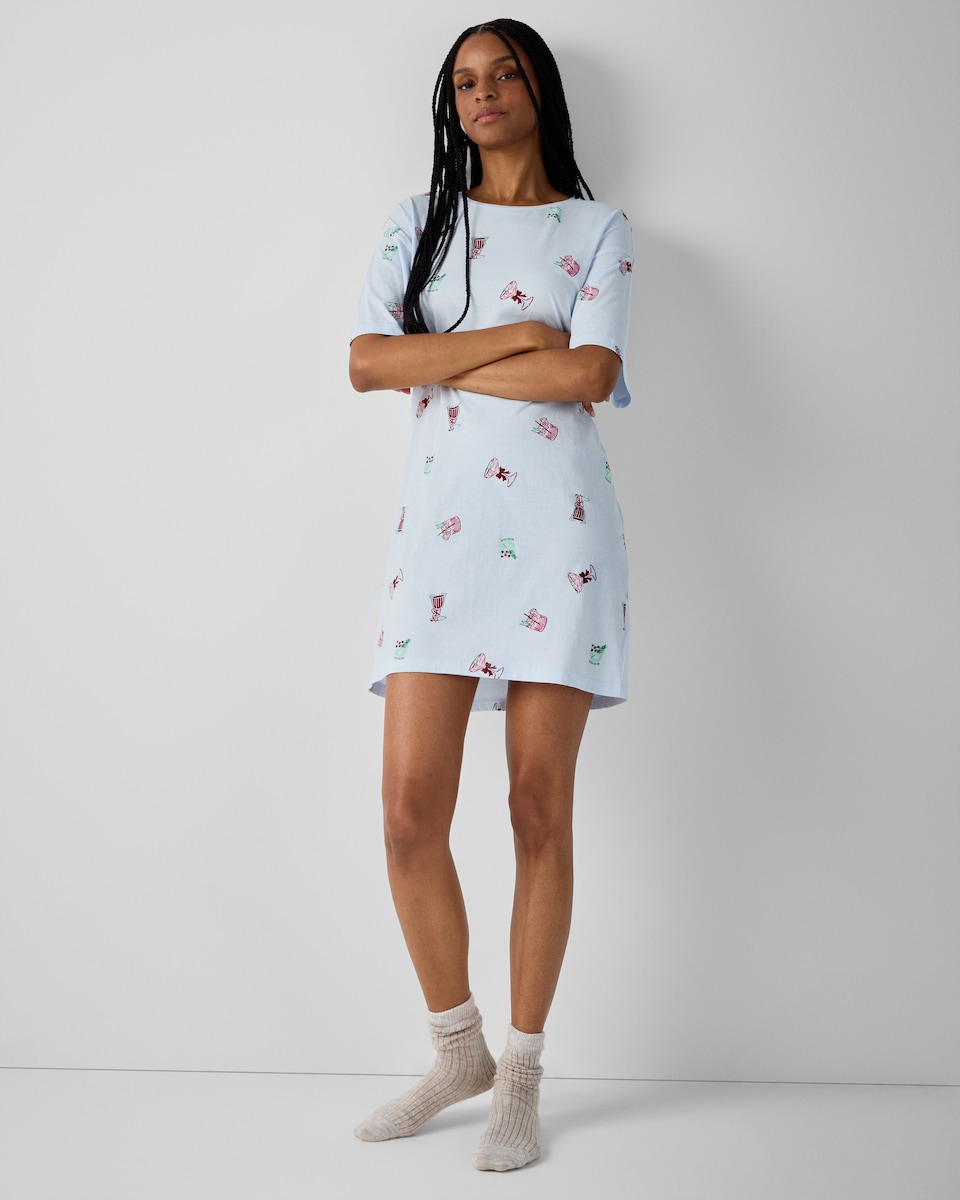 image 1 of F&F Pure Cotton Cocktail Print Pyjama Nightdress in Blue