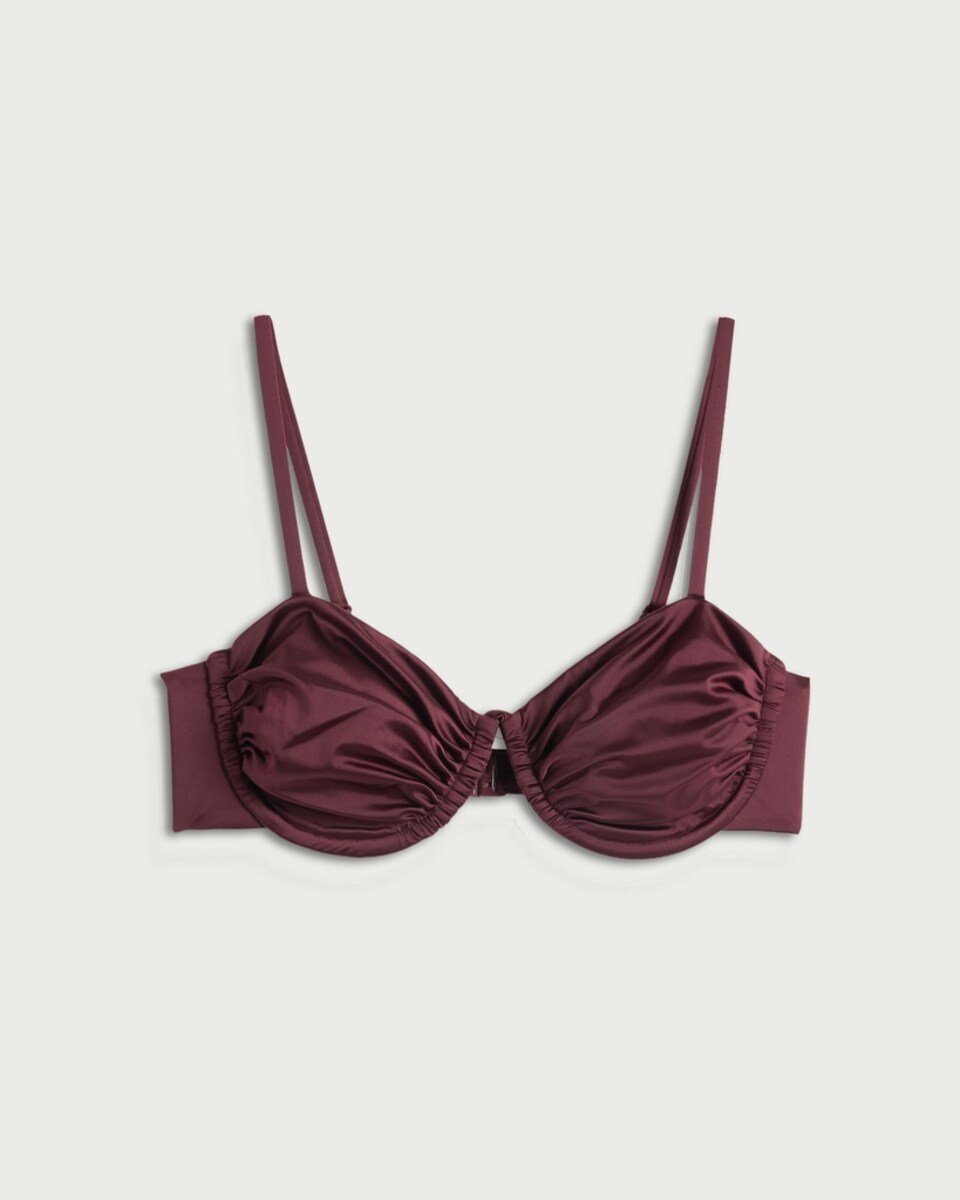 image 1 of F&F High Shine Ruched Wired Bikini Top in Burgundy