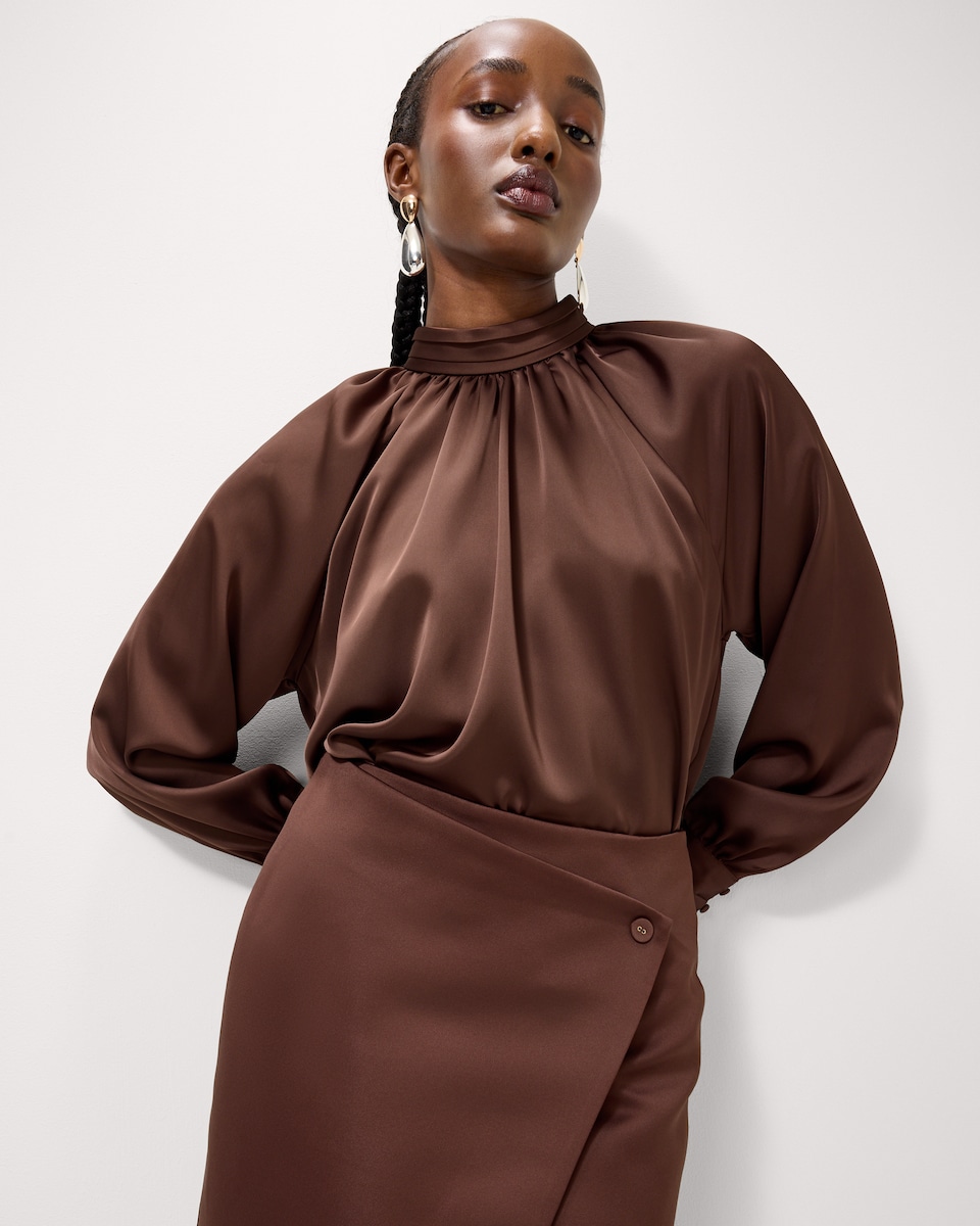 image 1 of F&F Satin High Neck Blouse in Tobacco