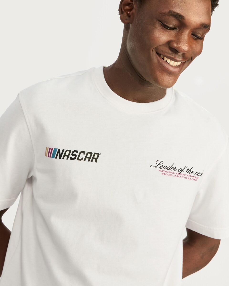 image 1 of NASCAR Print Leader of the Pack Slogan T-Shirt in Cream