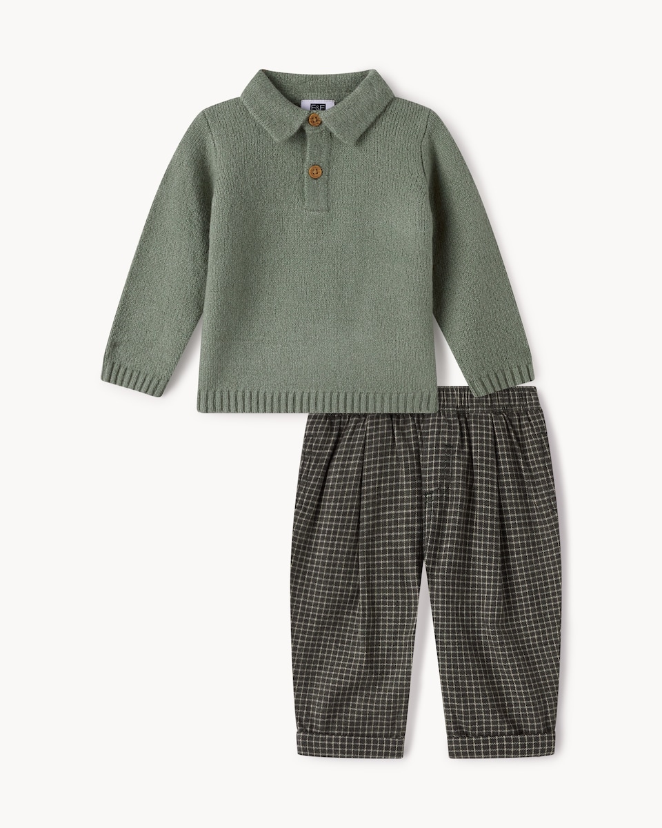 image 1 of F&F Baby Collared Jumper and Trousers Set in Green