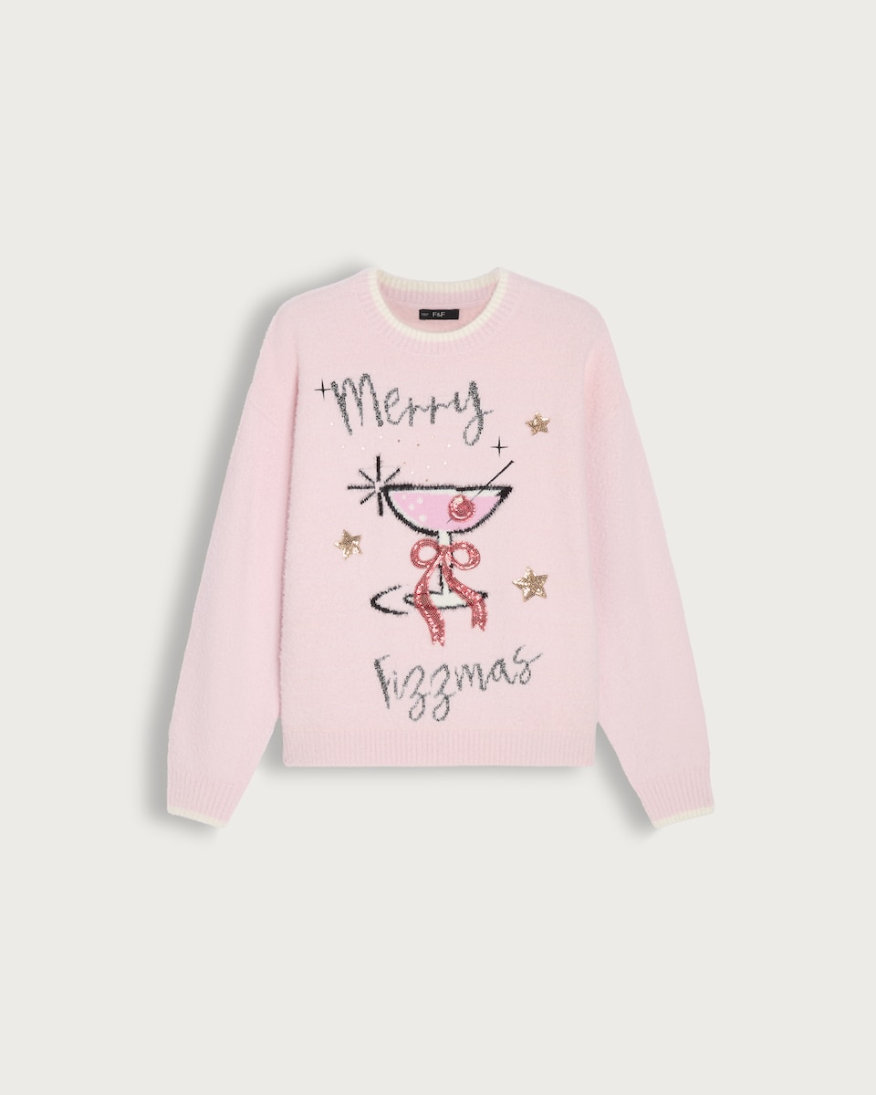 F&F Knitted Merry Fizzmas Print Jumper in Pink