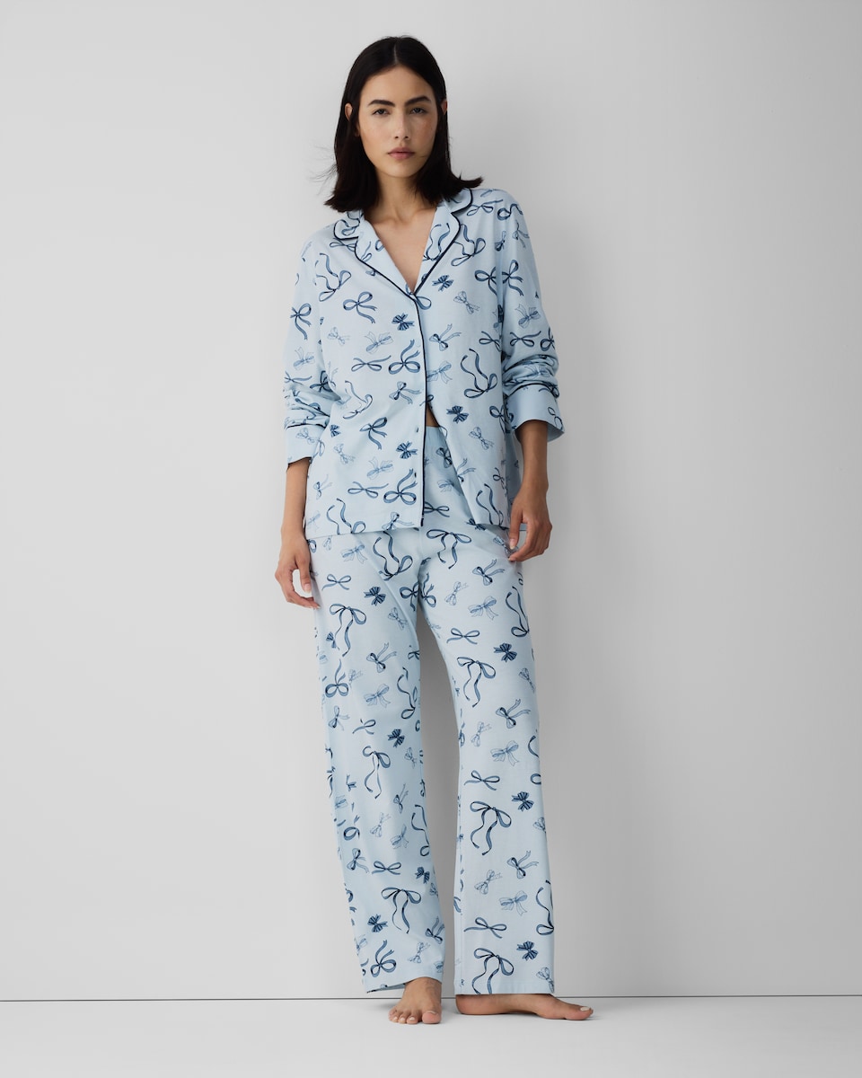 image 1 of F&F Pure Cotton Bow Pyjama Set in Multi Blue