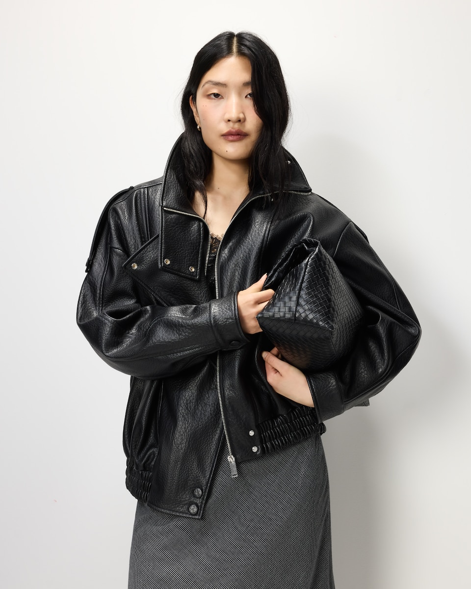 image 1 of The F&F Edit Faux Leather Funnel Neck Oversized Fit Jacket in Black
