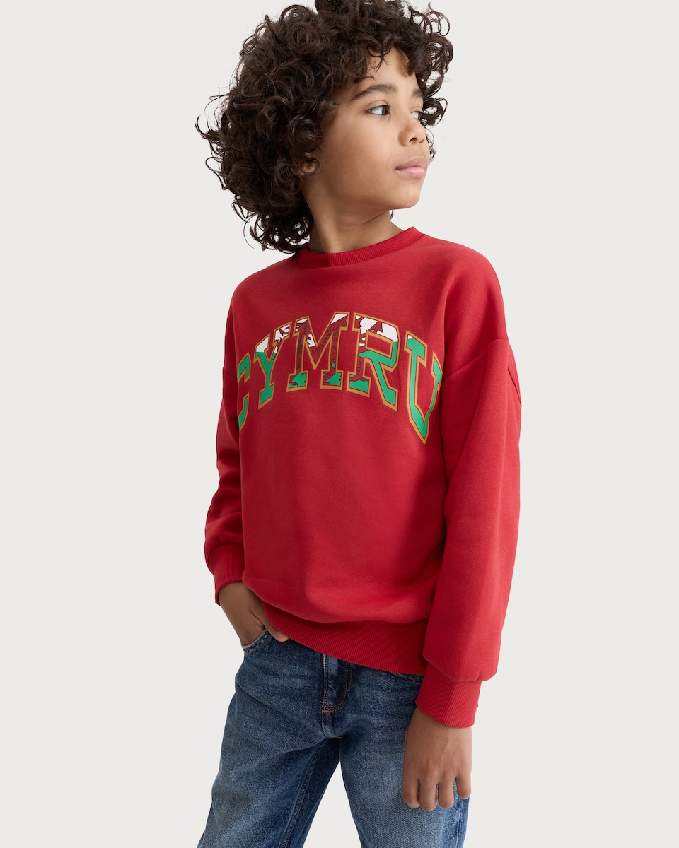 image 1 of F&F Boys Cotton Rich Cymru Print Oversized Fit Sweatshirt in Red
