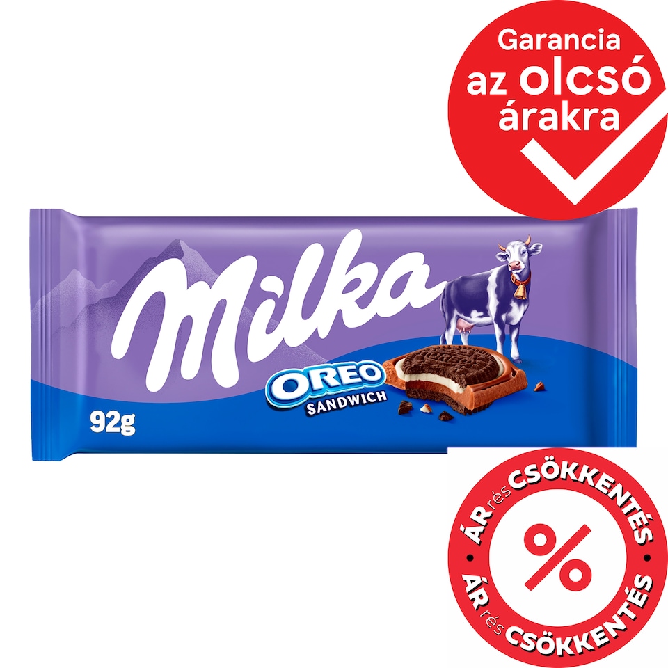 Milka Oreo Sandwich kakaós kekszek vaníliaízű, tejes krémtöltelékkel alpesi tejcsokoládén 92 g  1. kép