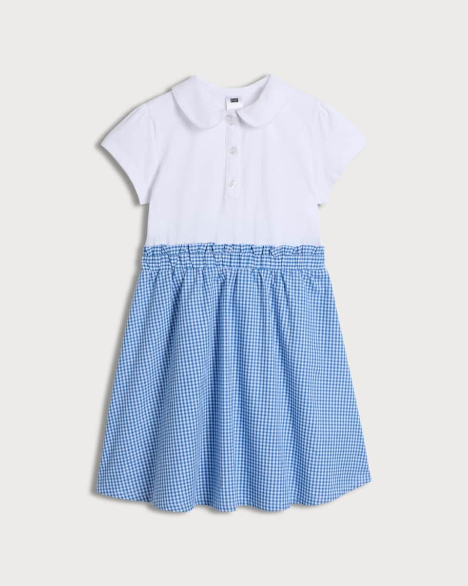 F&F School Girls Cotton Rich 2 in 1 Gingham Polo Dress in Blue