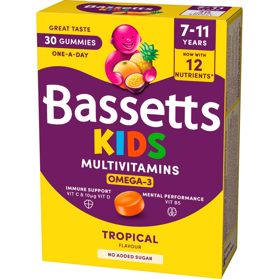 image 1 of Bassetts Kids Multivitamin Plus Omega3 7-11 years Tropical Gummies x 30