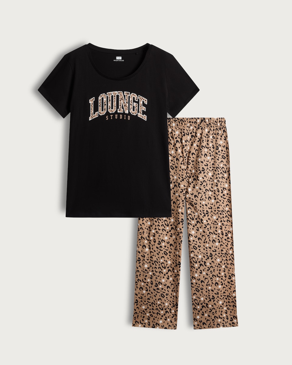 image 1 of F&F Pure Cotton Leopard Print Lounge Studio Pyjama Set in Multi Black