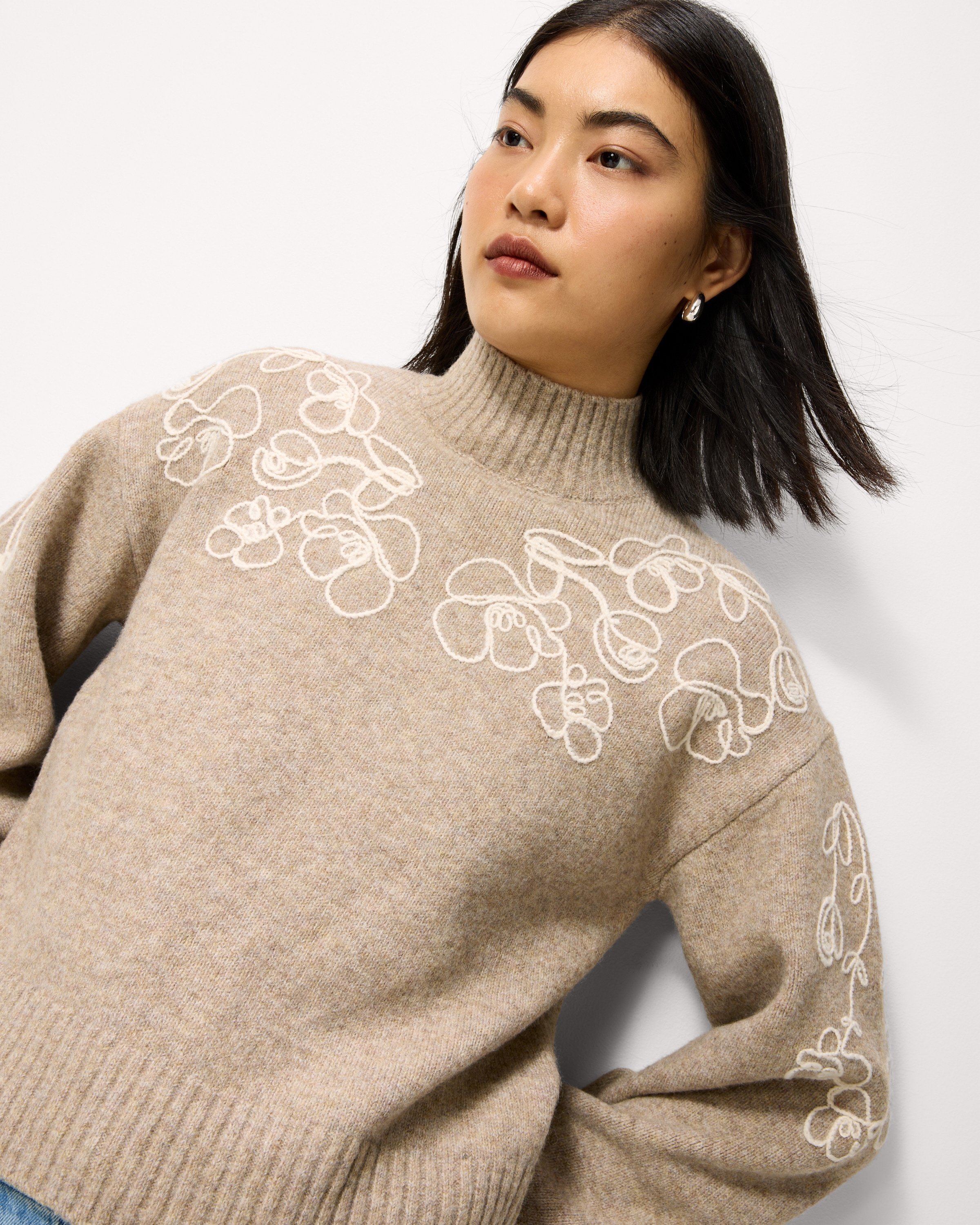 F&F High Neck Cornelli Embroidered Jumper in Neutral