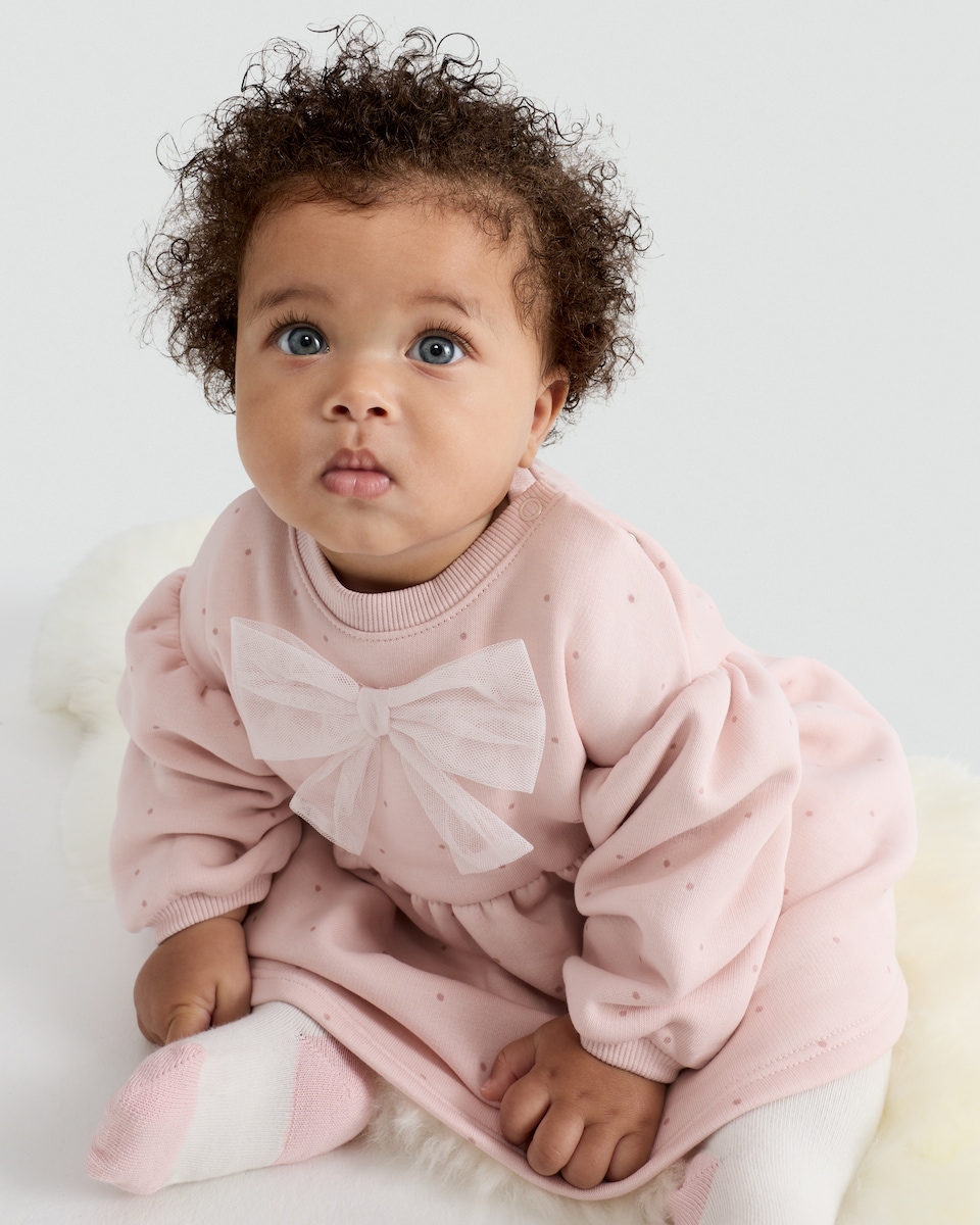 image 1 of F&F Baby Cotton Rich Bow Sweat Dress in Pink