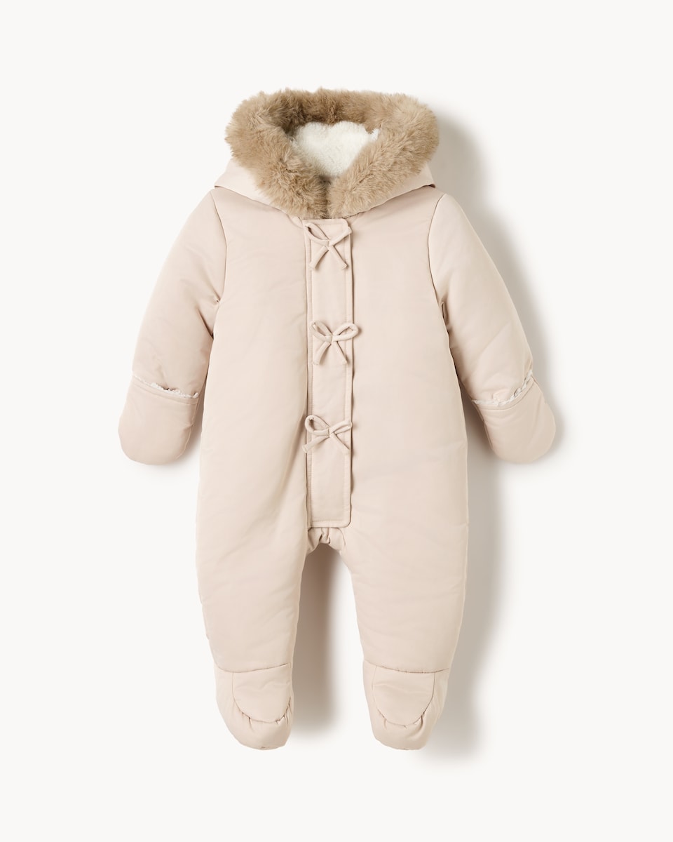 image 1 of F&F Baby Faux Fur Hooded Pramsuit in Gold