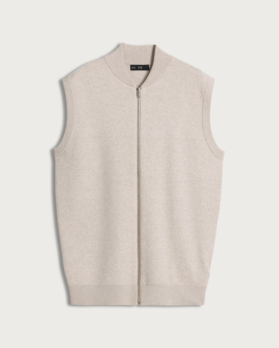image 1 of F&F Cotton Rich Knitted Zip Up Gilet in Neutral