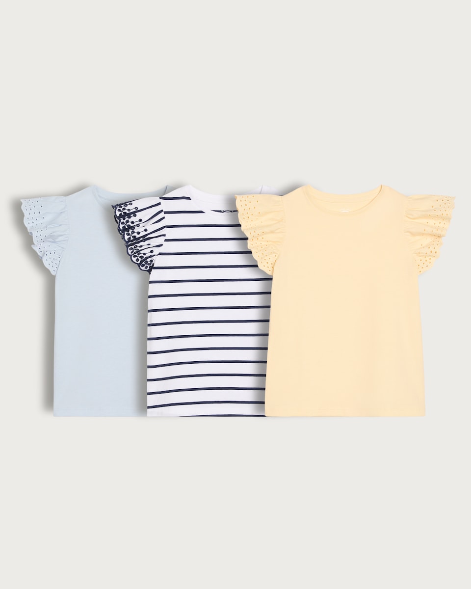image 1 of F&F Girls 3-Pack Broderie Sleeve T-Shirts in Multi Blue