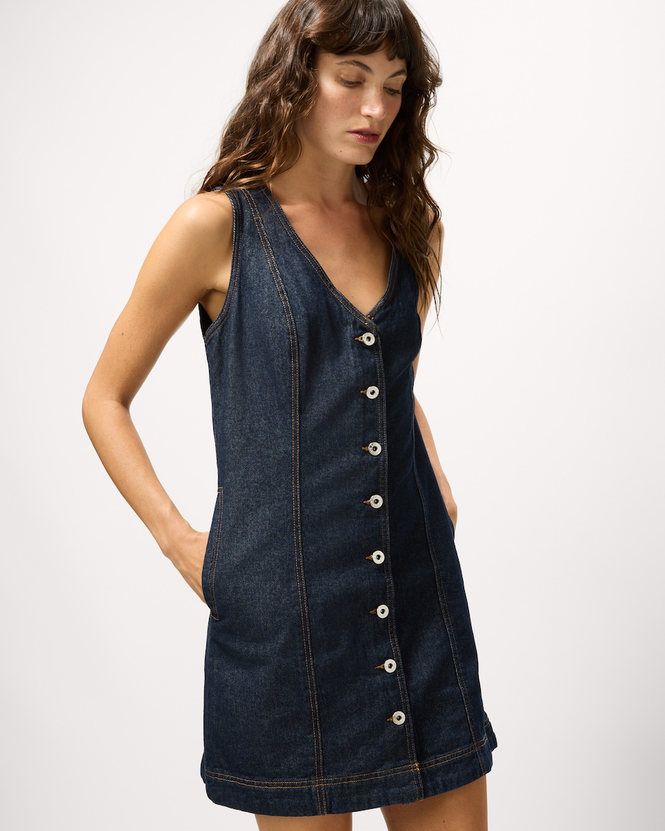 image 1 of F&F Pure Cotton Button Up Denim Mini Dress in Navy