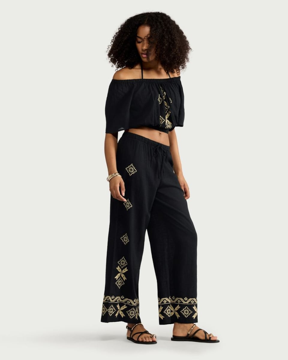 image 1 of F&F Cotton Rich Embroidered Wide Leg Beach Trousers in Multi Black