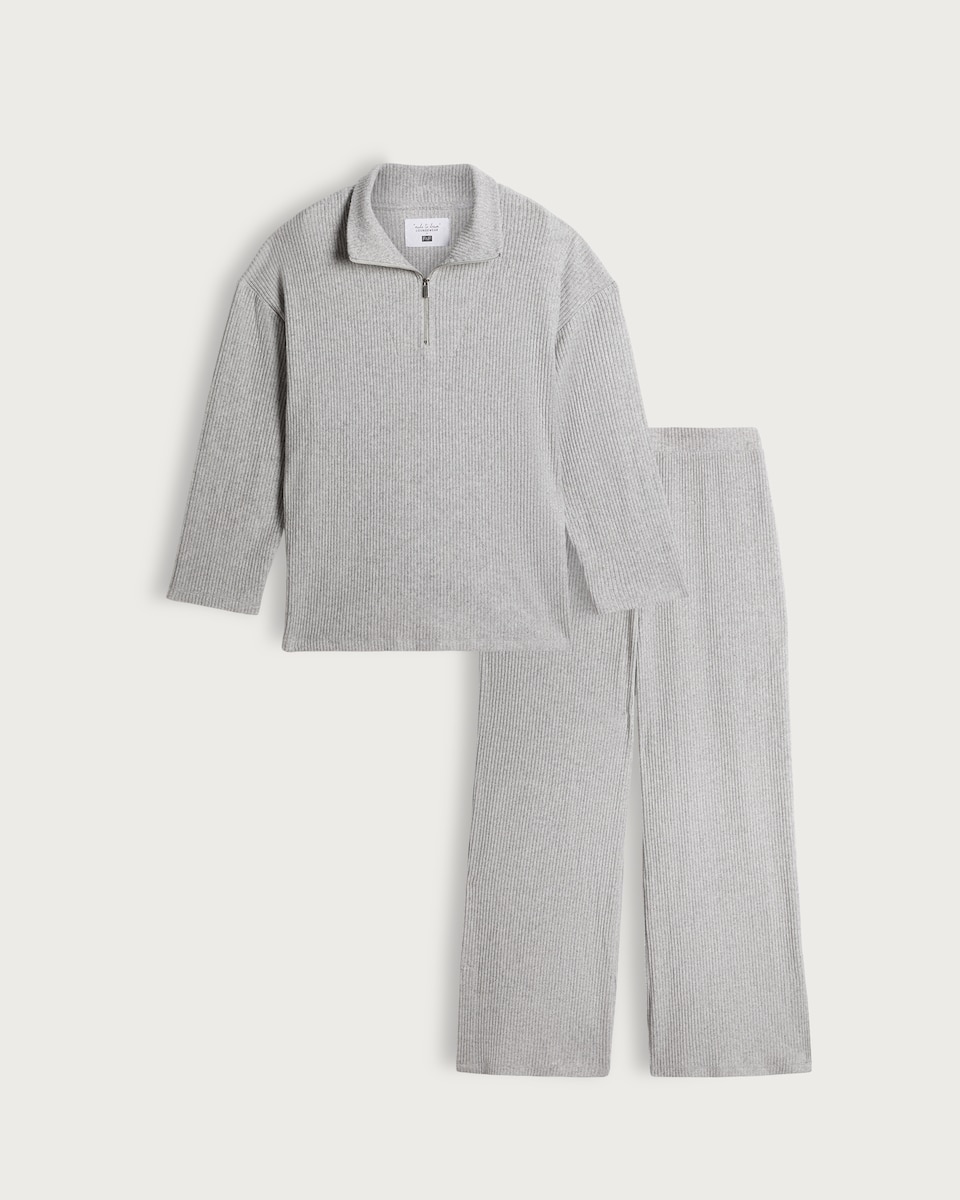 image 1 of F&F Ribbed Snit Half Zip Pyjama Set in Grey