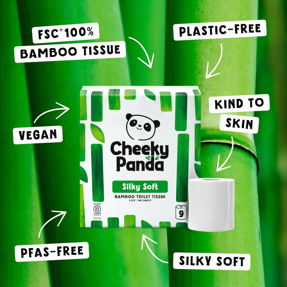 image 1 of Cheeky Panda Silky Soft Bamboo 3ply Toilet Tissue 9 rolls