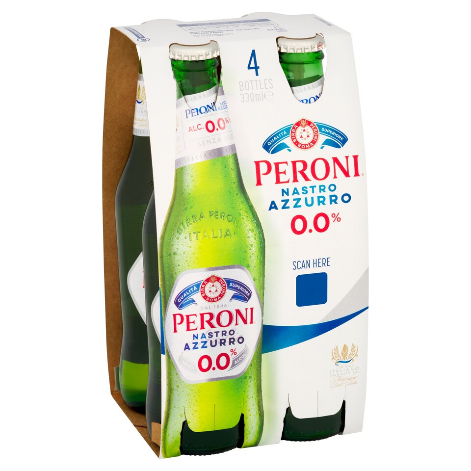 Peroni Nastro Azzurro 0% Alcohol Free Beer Bottles 4x330ml