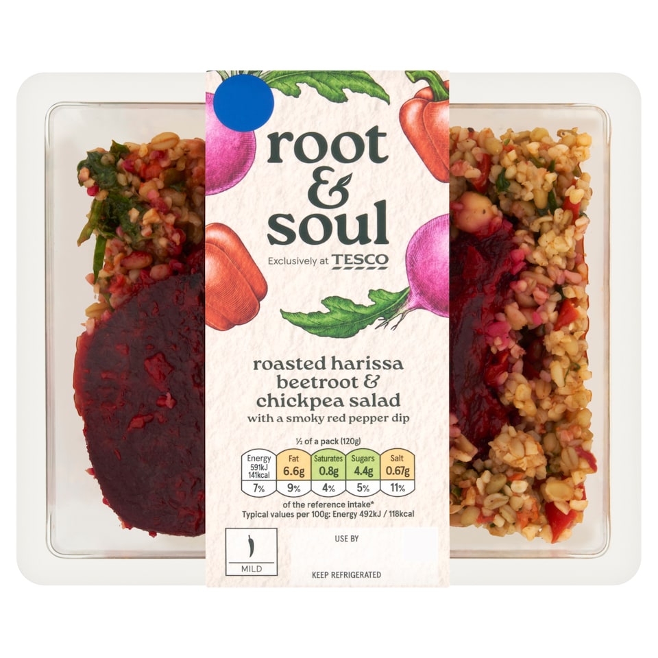 Root & Soul Roasted harissa beetroot & chickpea salad with a smoky red pepper dip 240g