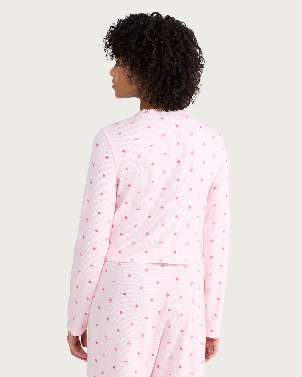 image 1 of OH ME OH MY Ribbed Heart Bow Print Pyjama Cardigan in Pink