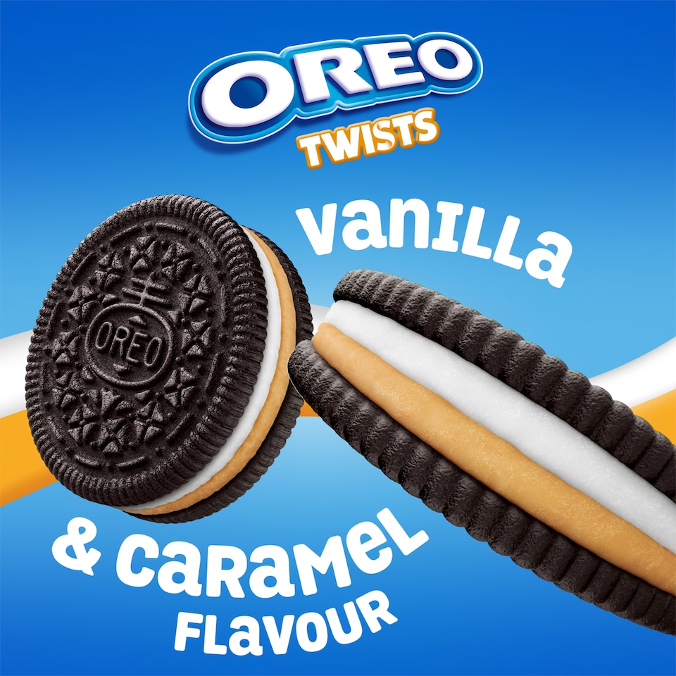 image 1 of OREO Twists Vanilla & Caramel Cookie Sandwich Biscuits 157G