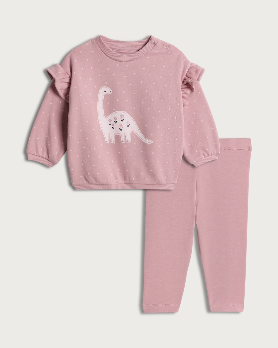 image 1 of F&F Baby 2-Piece Cotton Rich Dinosaur Print Sweatshirt and Leggings in Pink