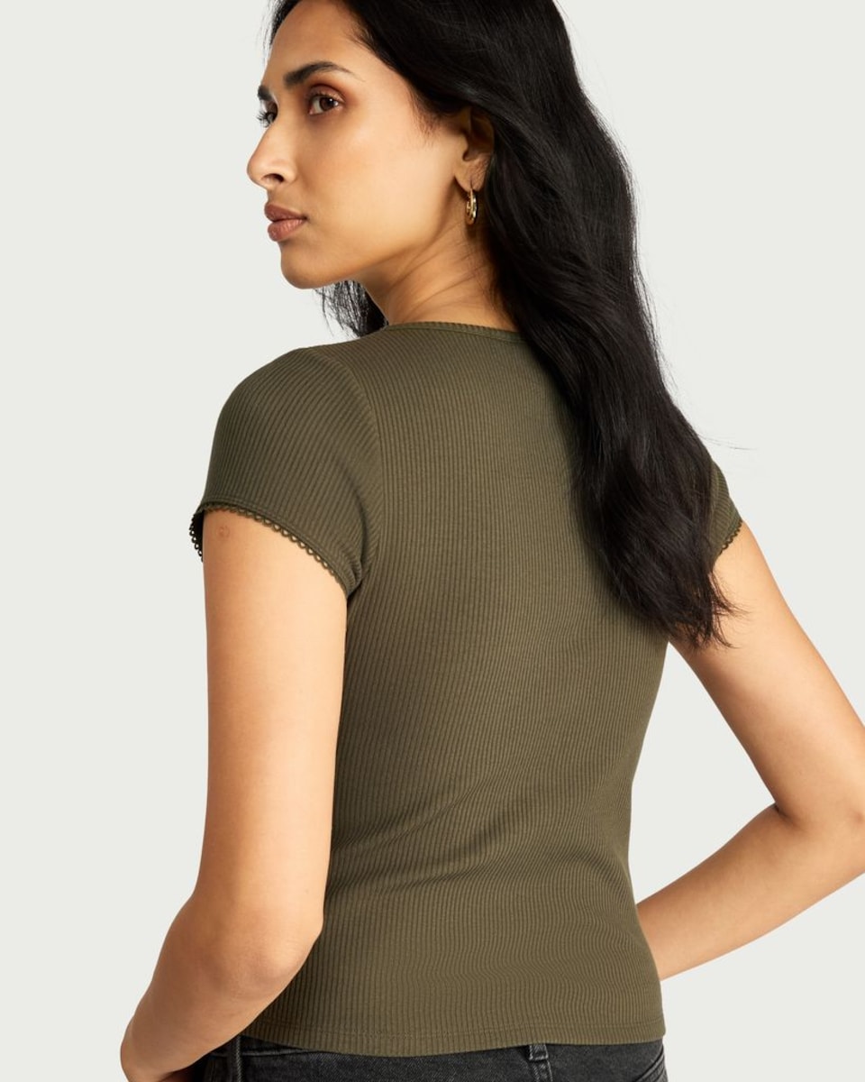 image 1 of F&F Cotton Rich Ribbed Top in Khaki