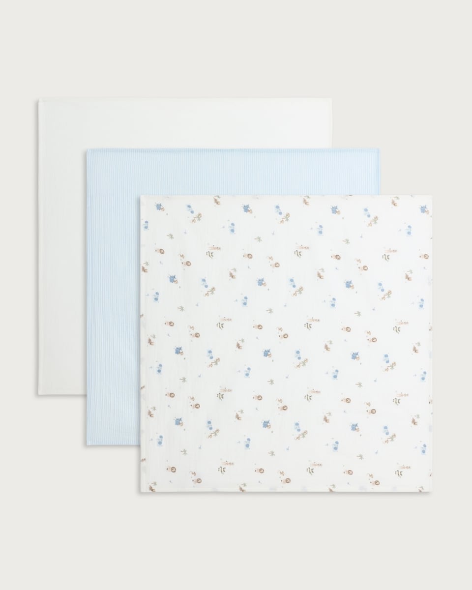 F&F Baby 3-Pack Pure Cotton Animal Print Muslins in White