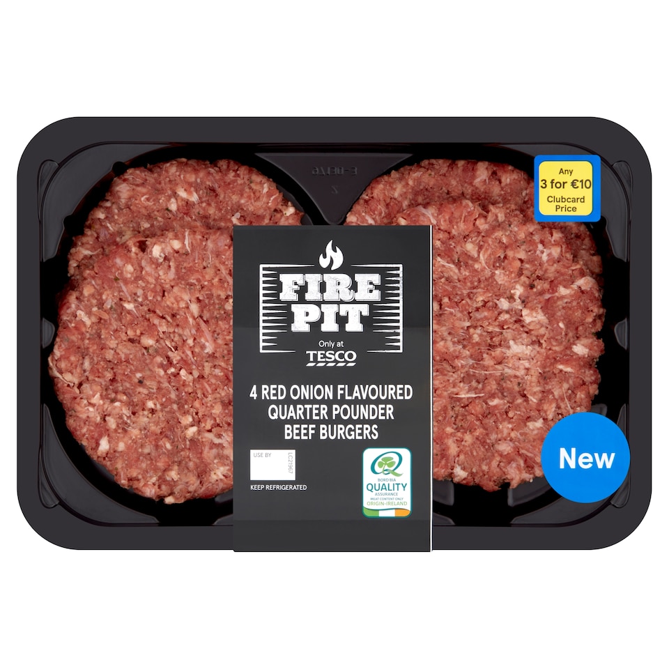 Tesco Fire Pit Red Onion Flavoured Quarter Pndr Beef Burgers 454G