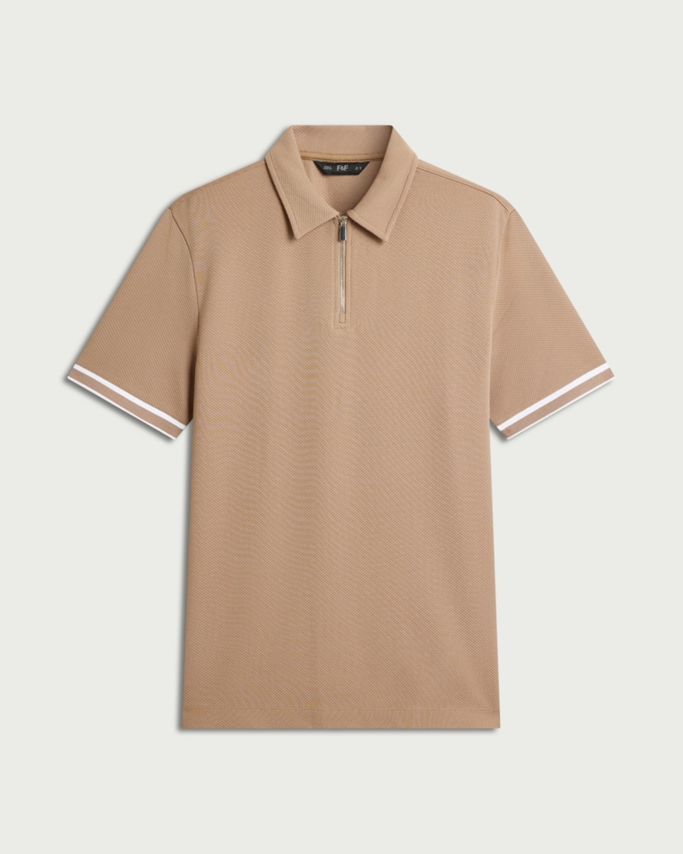 image 1 of F&F Textured Zip Neck Relaxed Fit Polo Shirt in Tan