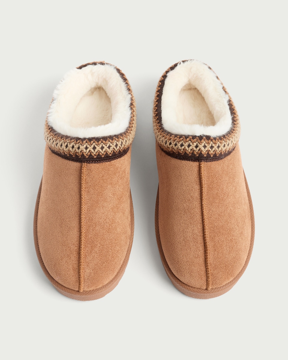 image 1 of F&F Girls Faux Fur Lined Embroidered Mule Slippers in Tan