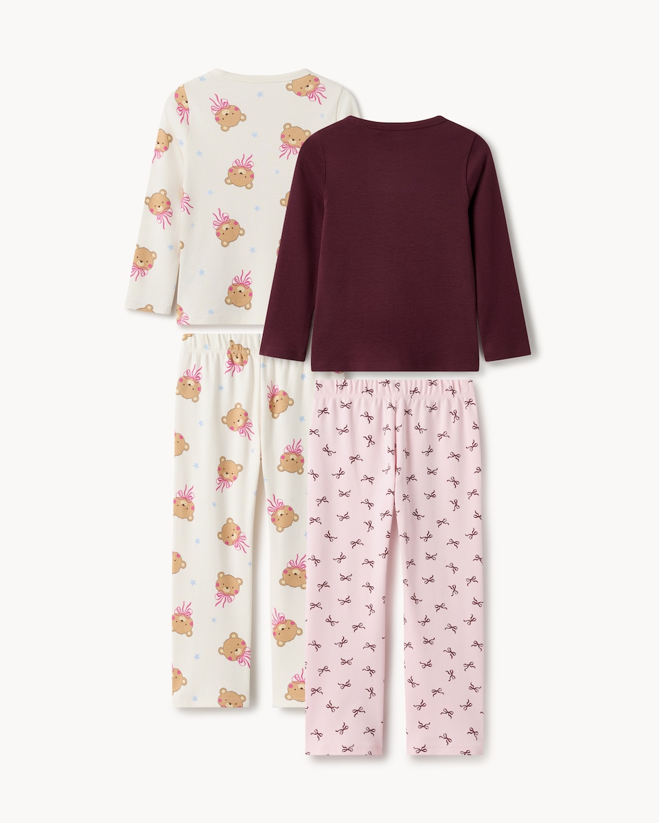 image 1 of F&F Girls 2-Pack Pure Cotton Bear Printed Pyjama Sets in Multi