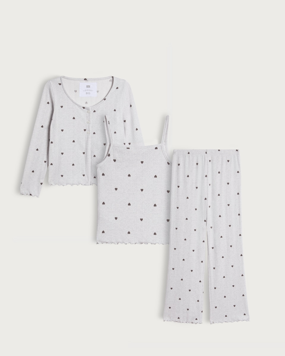 image 1 of F&F Girls 3-Piece Pointelle Heart Print Pyjama Set in White Multi