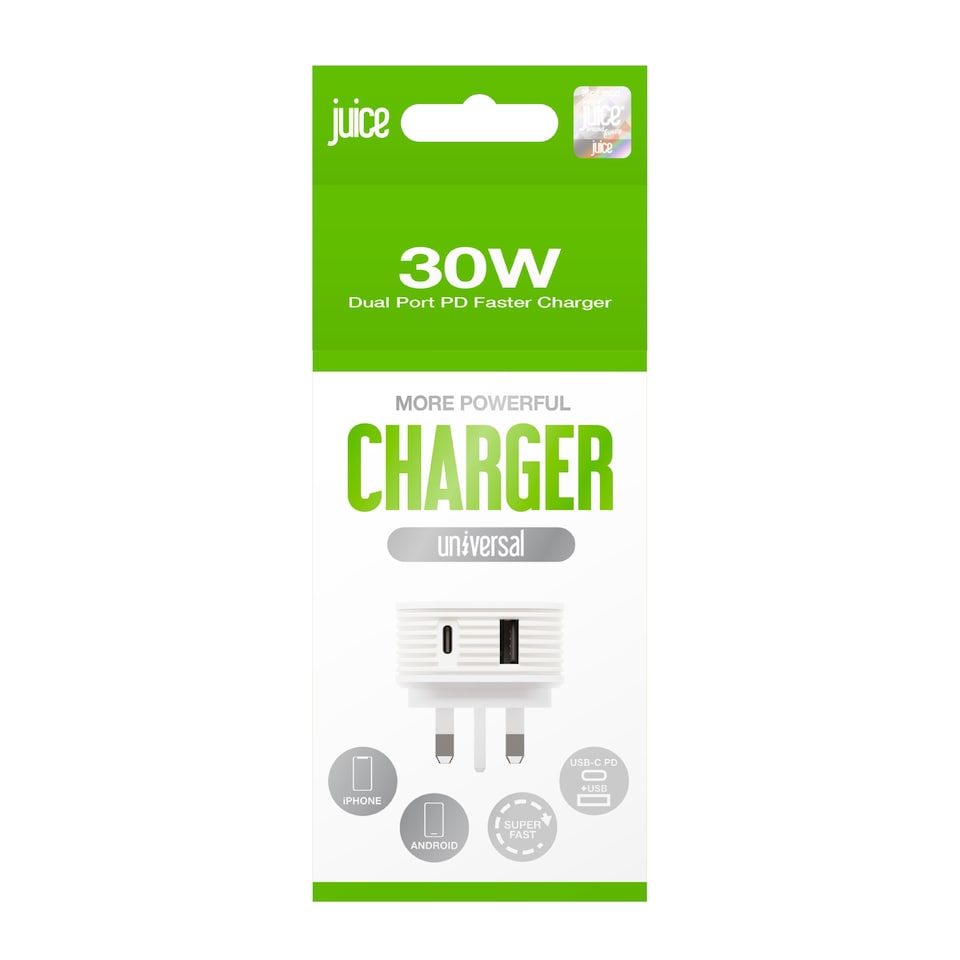 image 1 of Juice 30W Dual Port USB C and USB A Mains Home Phone Charger Plug White