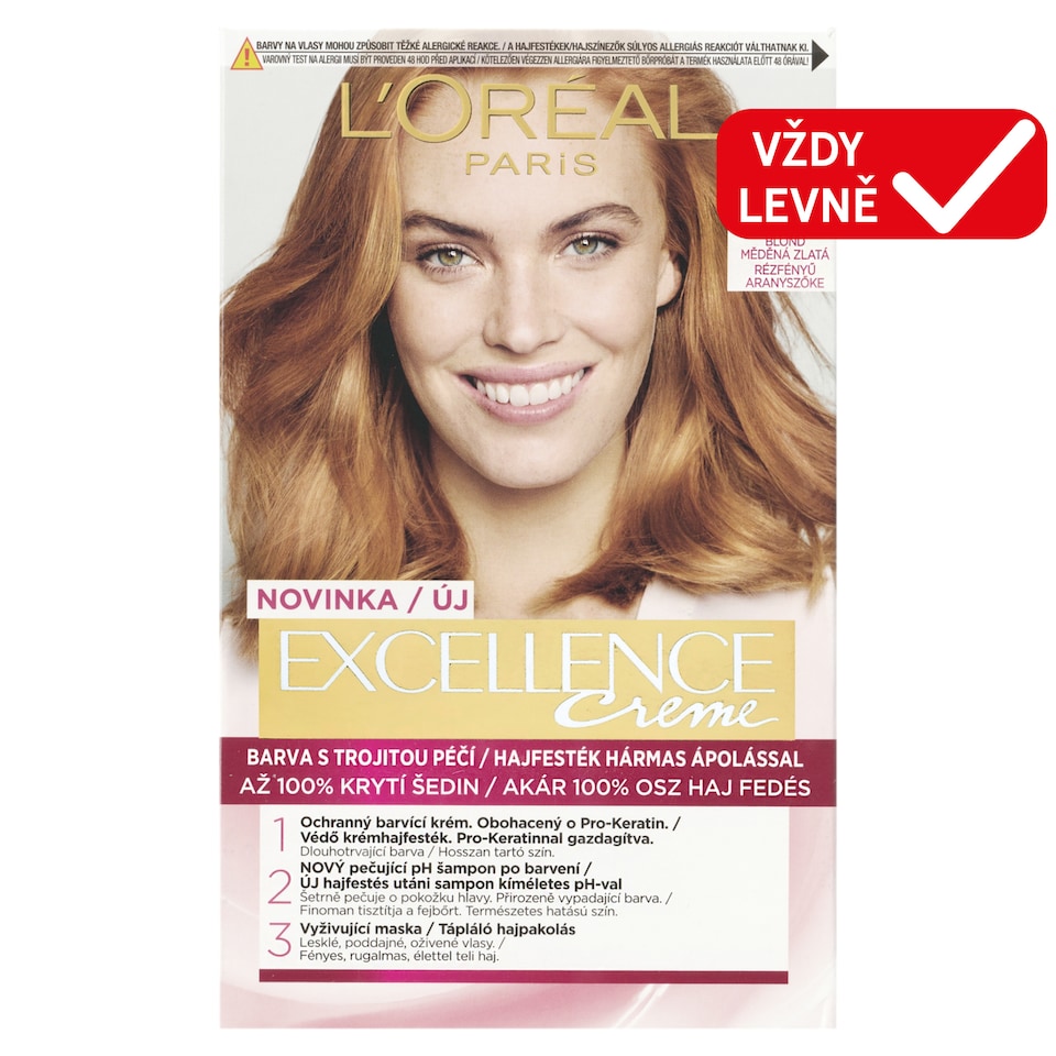 L'Oréal Paris Excellence 7 .43 Coppeer Blonde, 72 ml + 48 ml + 12 ml + 60 ml