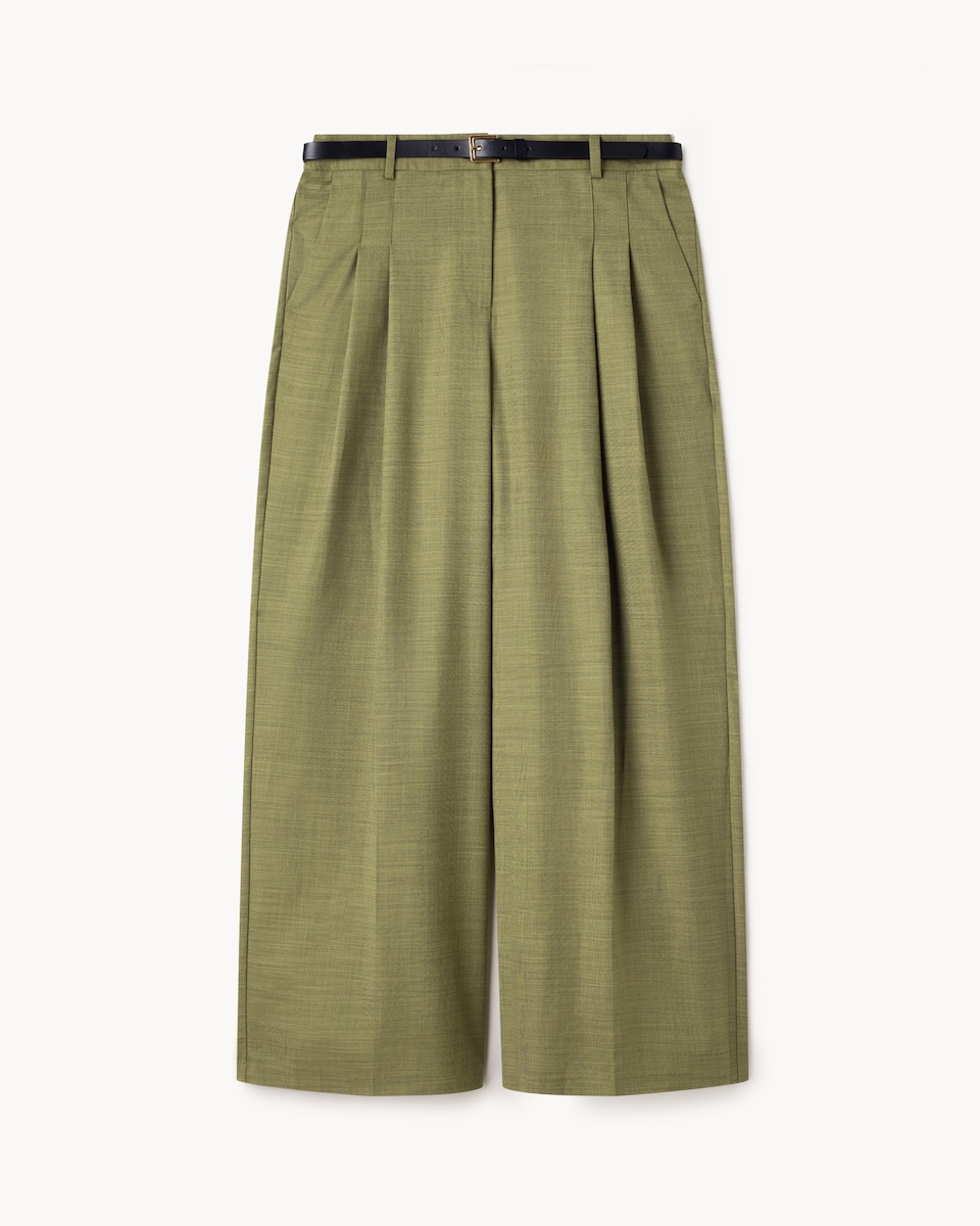 image 1 of F&F Pleated Wide Leg Belted Trousers in Khaki