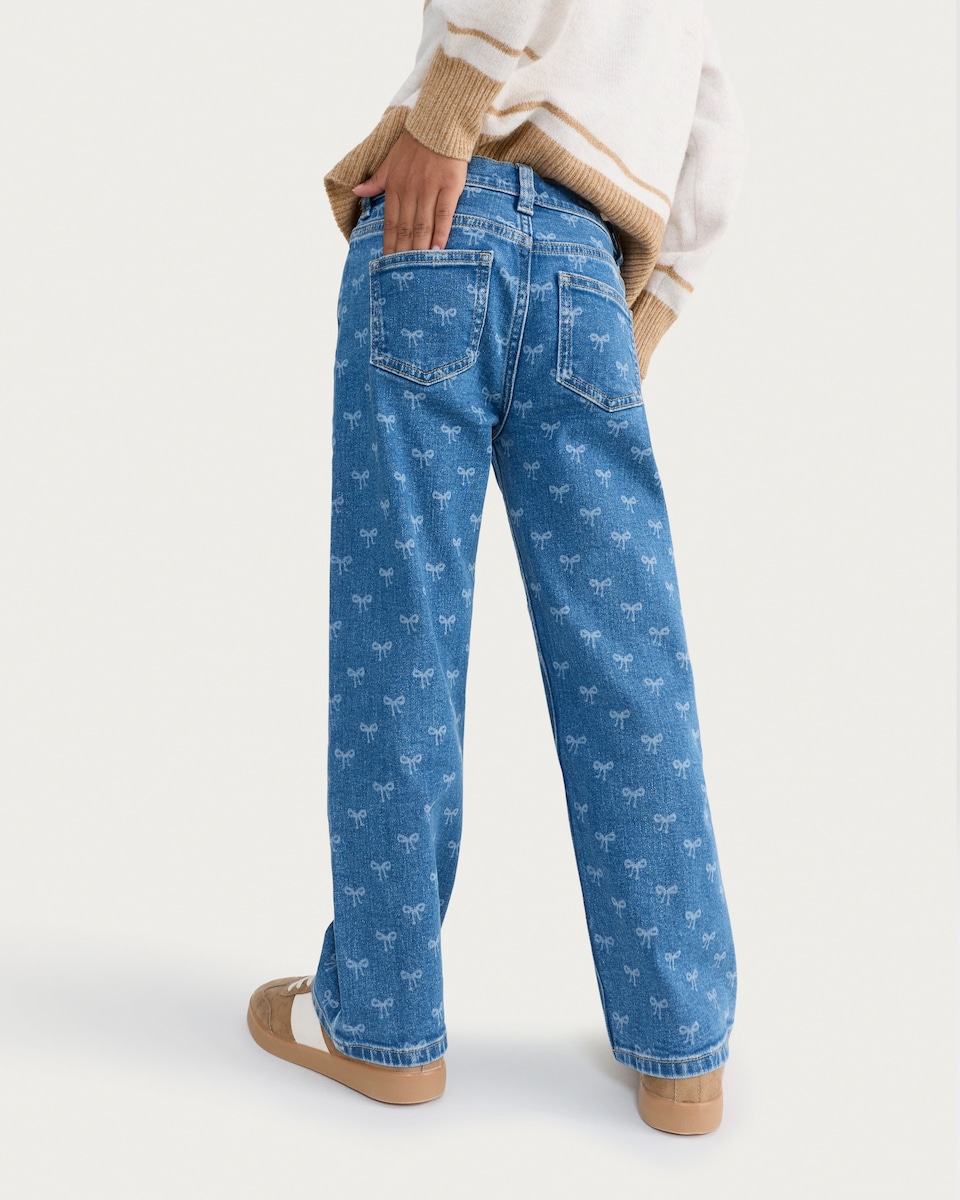 image 1 of F&F Girls Pure Cotton Bow Print Wide Leg Jeans in Navy