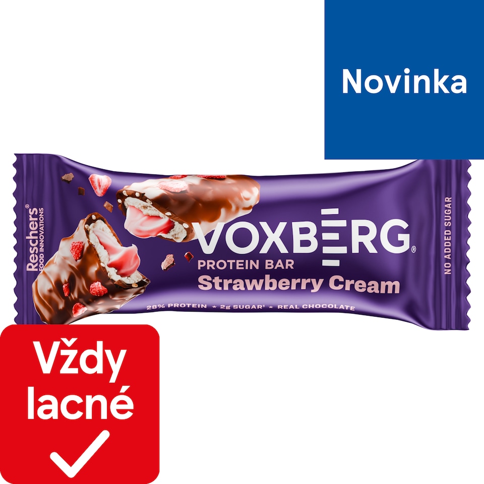 Voxberg Proteínová tyčinka s jahodovou príchuťou a krémovou náplňou v mliečnej čokoláde 50 g