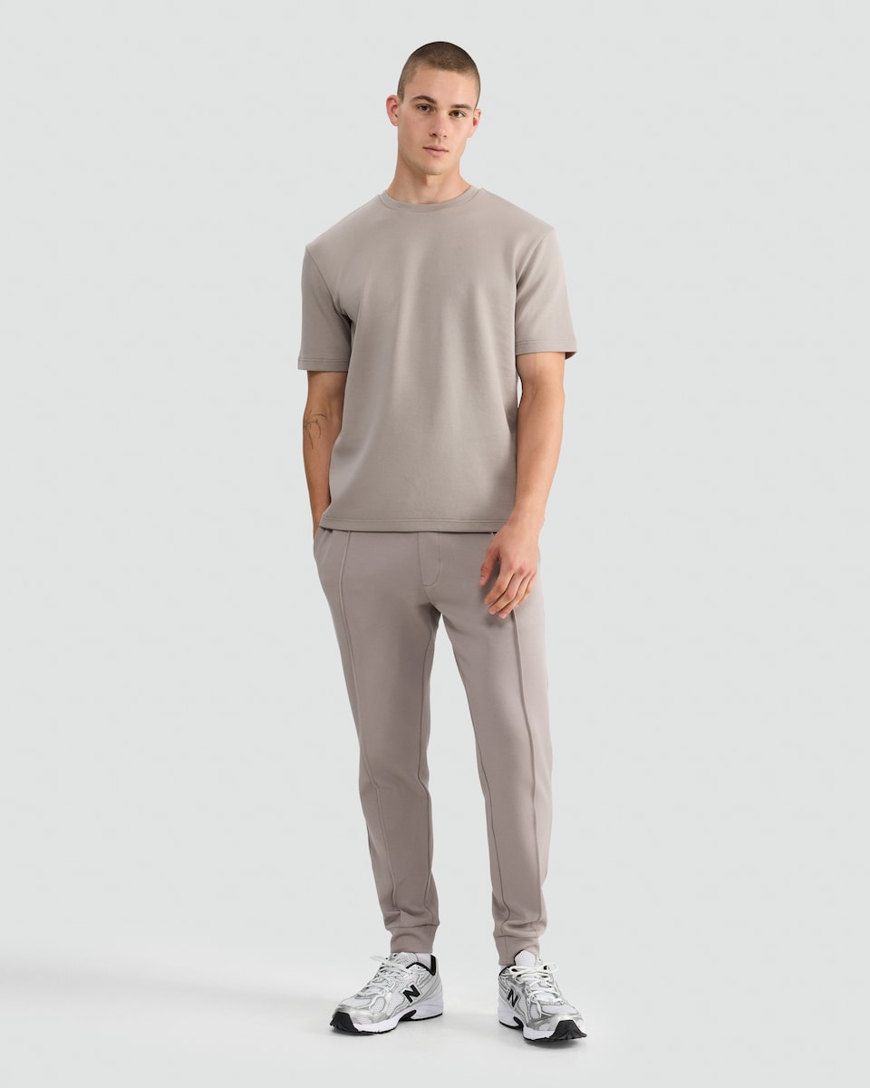 image 1 of The F&F Edit Cotton Rich Textured Twill Short Sleeved T-Shirt in Dark Nude
